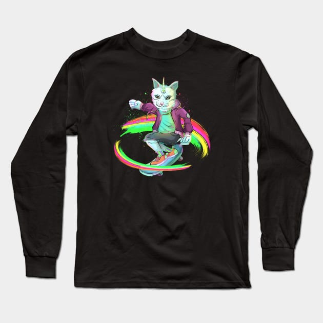 Rainbow Unicorn Cat Skateboarding Long Sleeve T-Shirt by Trendy Black Sheep